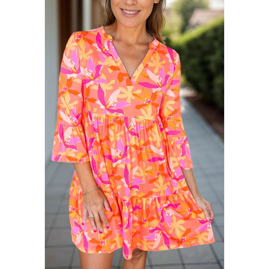 Tiered Printed Notched Mini Dress Orange / S Apparel and Accessories