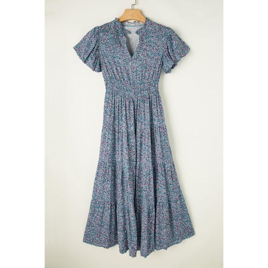 Tiered Printed Notched Short Sleeve Dress Peacock Blue / S Apparel and Accessories