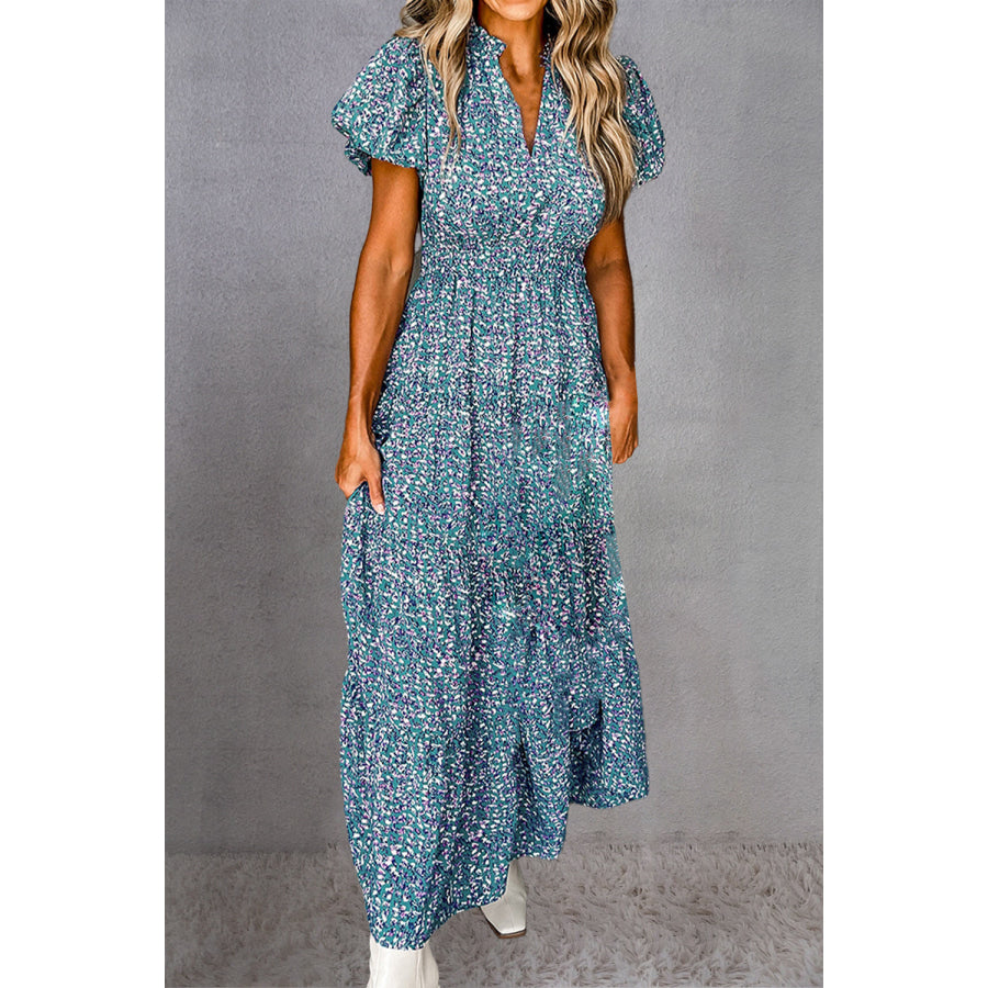 Tiered Printed Notched Short Sleeve Dress Peacock Blue / S Apparel and Accessories