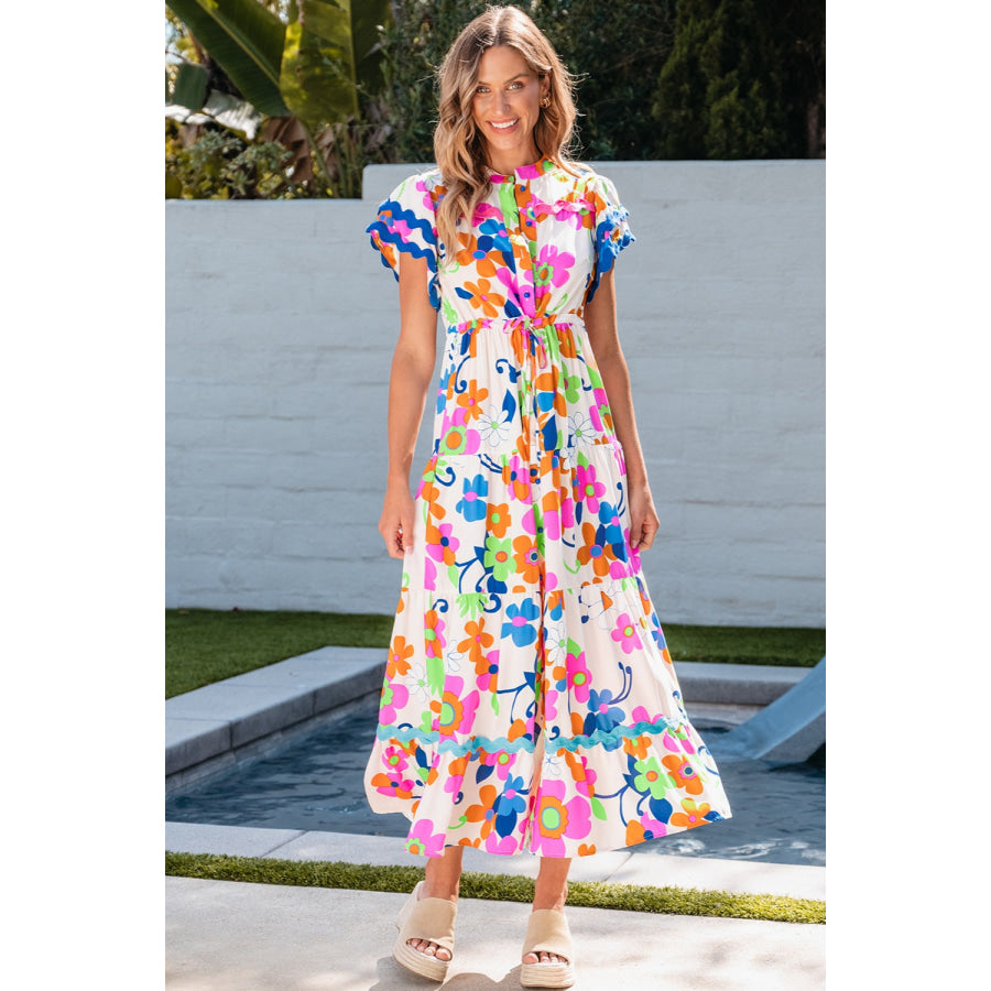 Tiered Printed Round Neck Cap Sleeve Dress Floral / S Apparel and Accessories