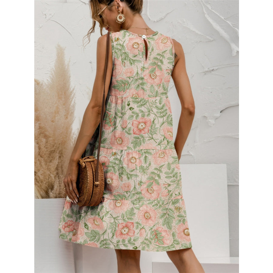 Tiered Printed Round Neck Sleeveless Dress Apparel and Accessories