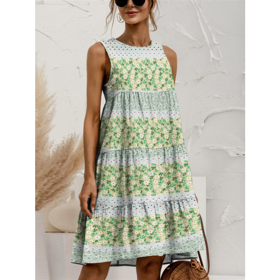 Tiered Printed Round Neck Sleeveless Dress Gum Leaf / S Apparel and Accessories