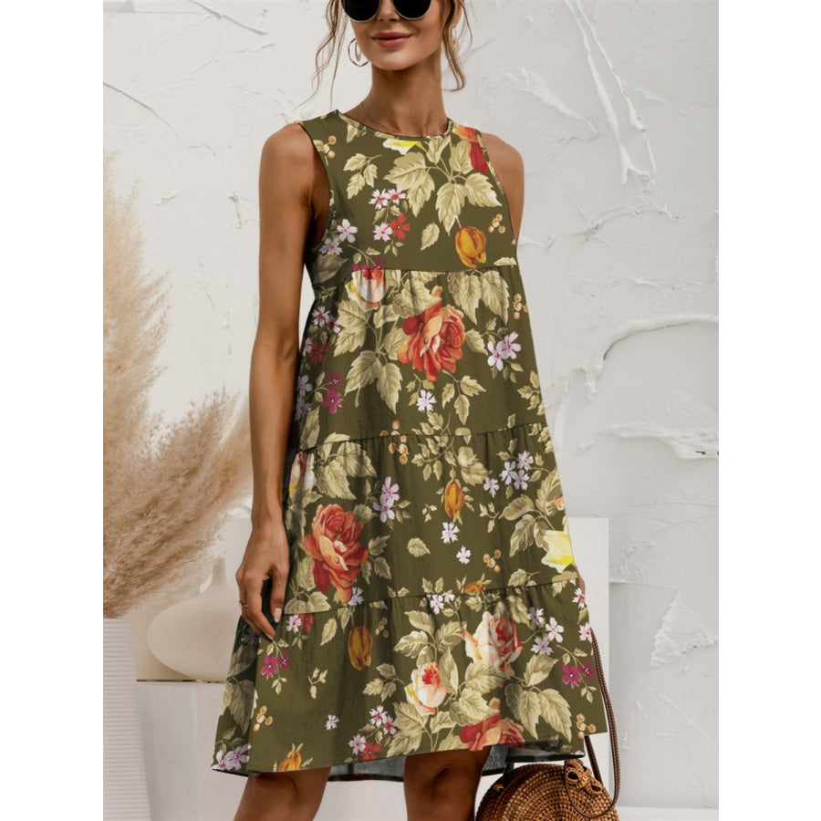 Tiered Printed Round Neck Sleeveless Dress Moss / M Apparel and Accessories