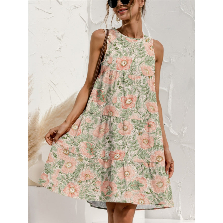 Tiered Printed Round Neck Sleeveless Dress Peach / S Apparel and Accessories