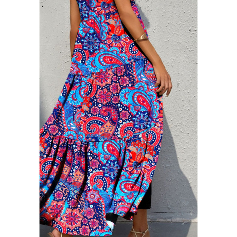 Tiered Printed V - Neck Sleeveless Dress Apparel and Accessories