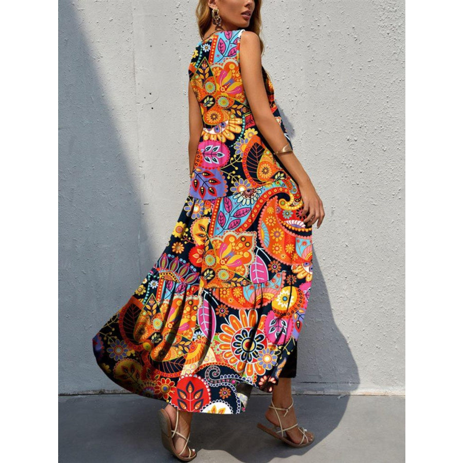 Tiered Printed V - Neck Sleeveless Dress Multicolor / S Apparel and Accessories