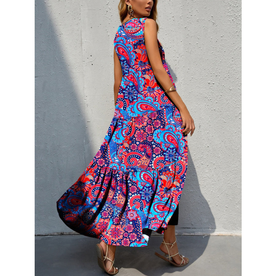 Tiered Printed V - Neck Sleeveless Dress Apparel and Accessories