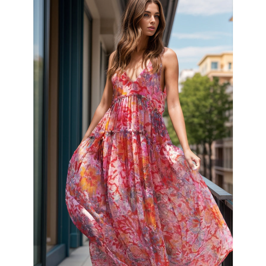 Tiered Printed V-Neck Sleeveless Dress Apparel and Accessories