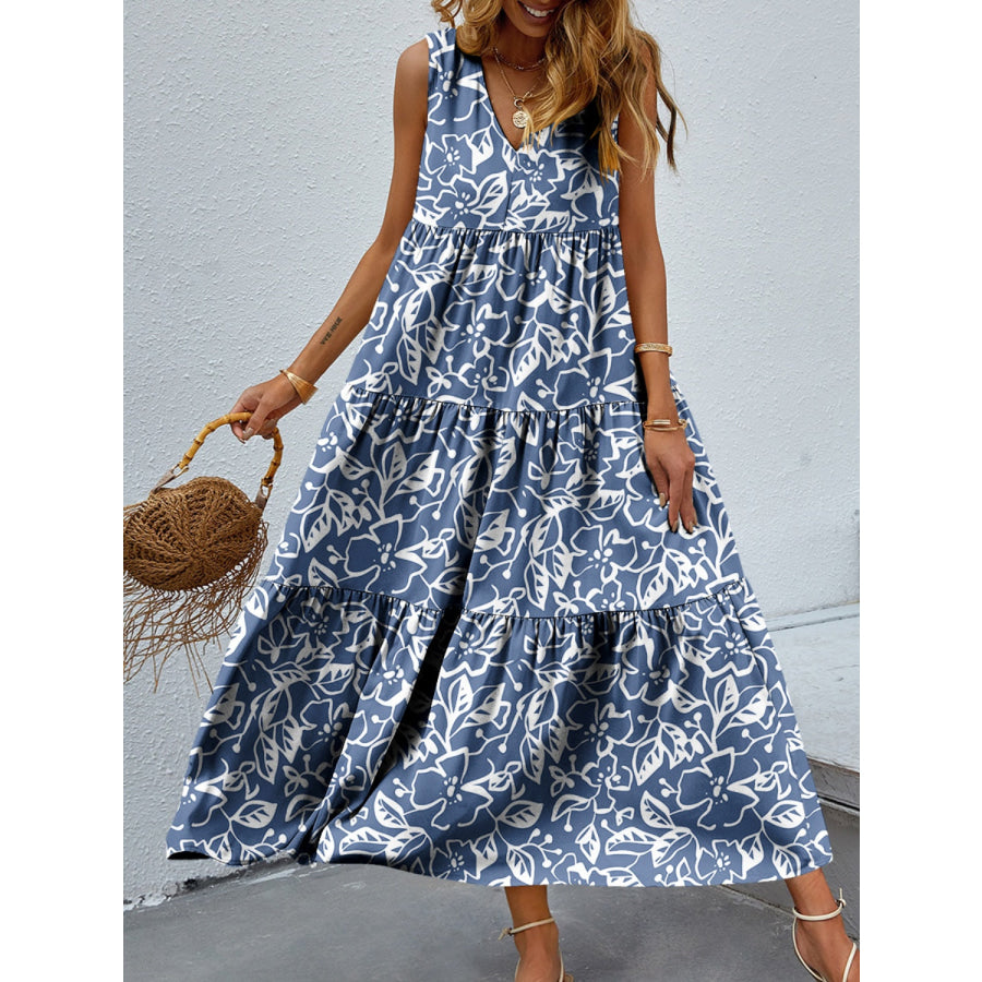 Tiered Printed V - Neck Sleeveless Dress Dusty Blue / M Apparel and Accessories