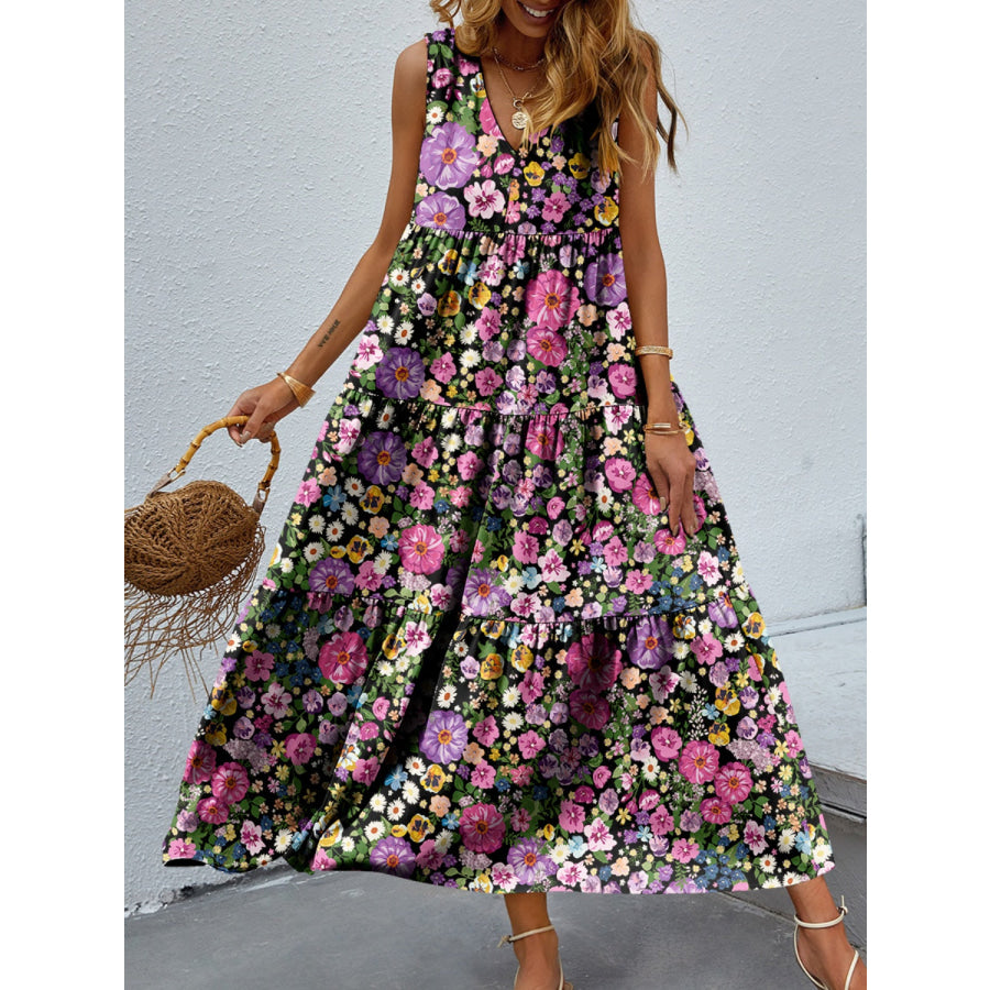 Tiered Printed V - Neck Sleeveless Dress Floral / S Apparel and Accessories