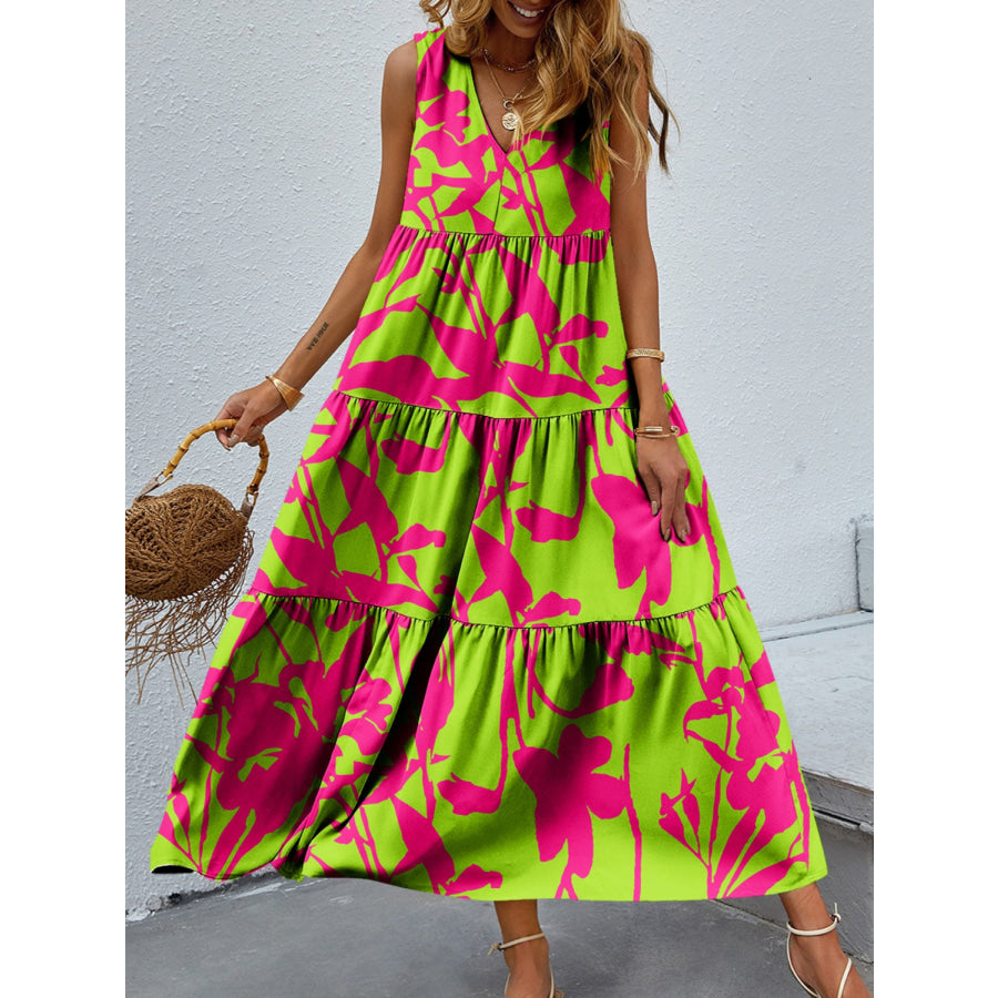 Tiered Printed V - Neck Sleeveless Dress Lime / S Apparel and Accessories