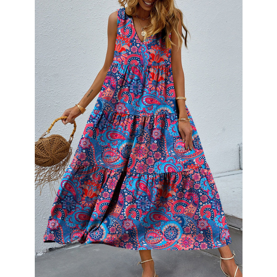 Tiered Printed V - Neck Sleeveless Dress Multicolor / S Apparel and Accessories