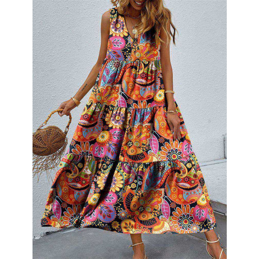 Tiered Printed V - Neck Sleeveless Dress Multicolor / S Apparel and Accessories