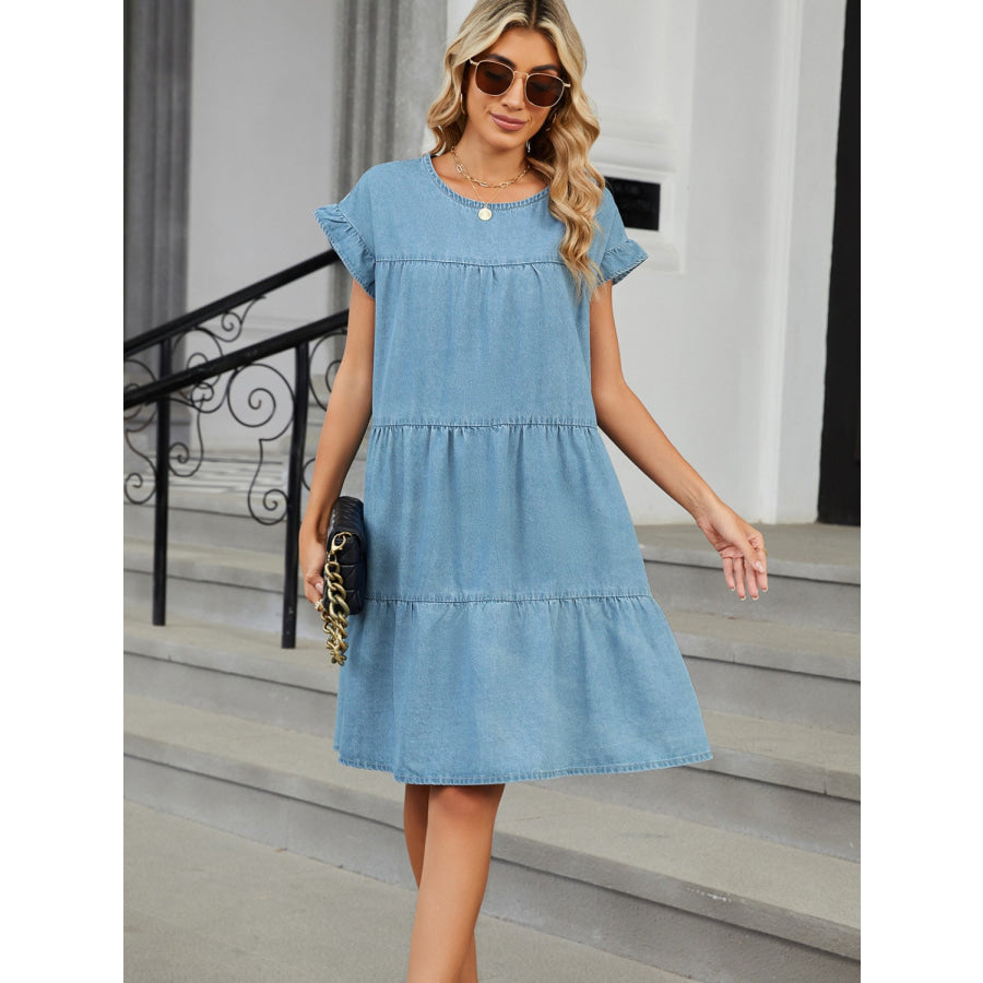 Tiered Round Neck Short Sleeve Denim Dress Apparel and Accessories