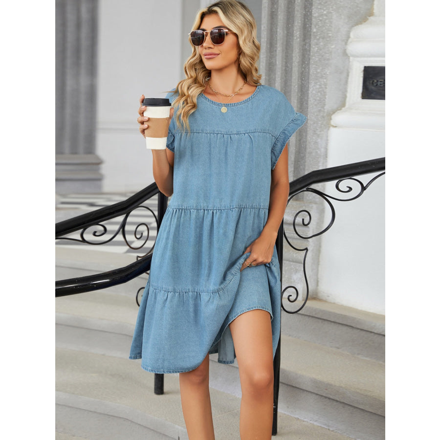 Tiered Round Neck Short Sleeve Denim Dress Apparel and Accessories