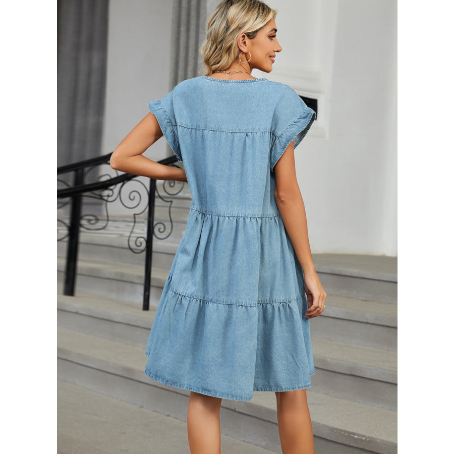 Tiered Round Neck Short Sleeve Denim Dress Apparel and Accessories