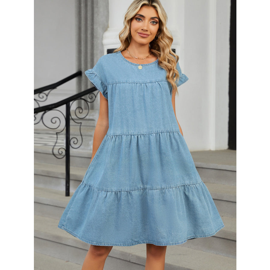 Tiered Round Neck Short Sleeve Denim Dress Light Blue / S Apparel and Accessories