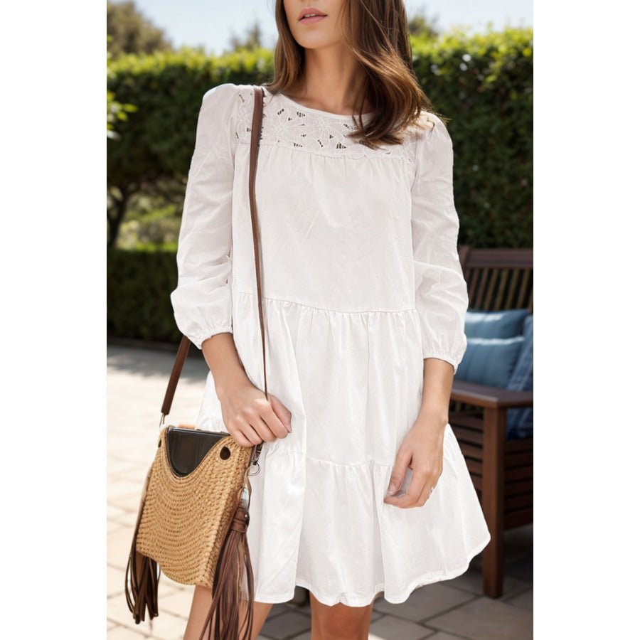 Tiered Round Neck Three-Quarter Sleeve Dress White / S Apparel and Accessories