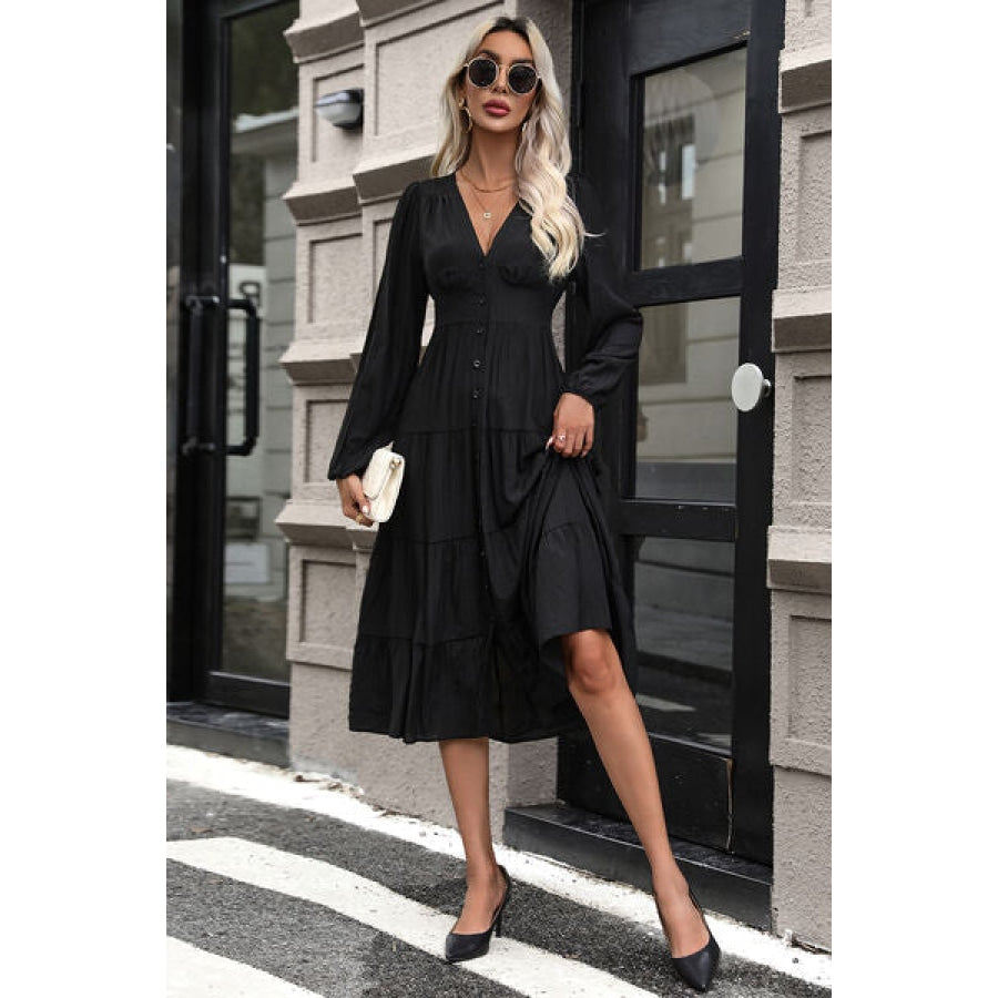 Tiered Ruched Button Up Midi Dress Black / S Clothing