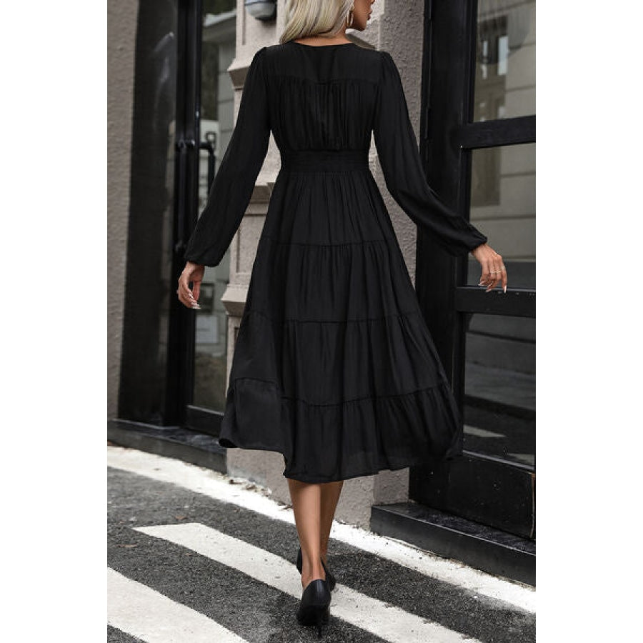 Tiered Ruched Button Up Midi Dress Black / S Clothing