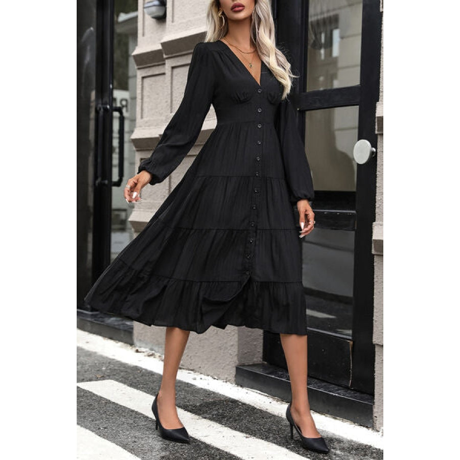 Tiered Ruched Button Up Midi Dress Clothing