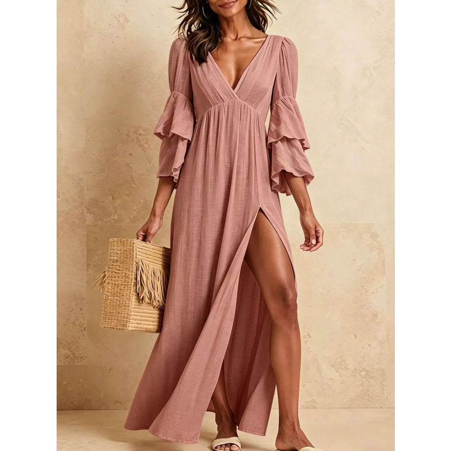 Tiered Ruffle Sleeves High Slit V-Neck Maxi Dress Apparel and Accessories