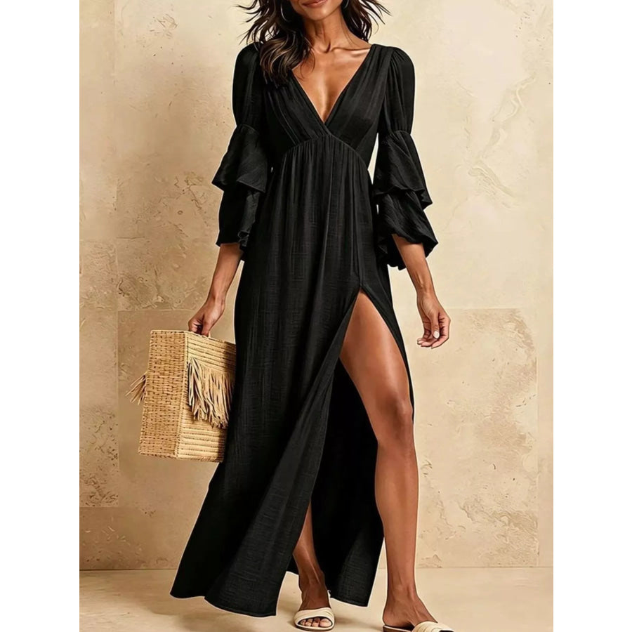 Tiered Ruffle Sleeves High Slit V-Neck Maxi Dress Apparel and Accessories