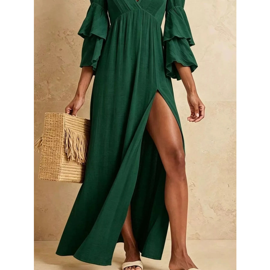 Tiered Ruffle Sleeves High Slit V-Neck Maxi Dress Apparel and Accessories