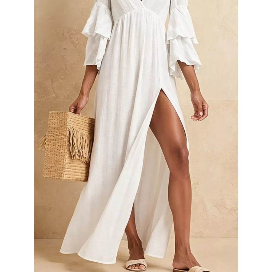 Tiered Ruffle Sleeves High Slit V-Neck Maxi Dress Apparel and Accessories