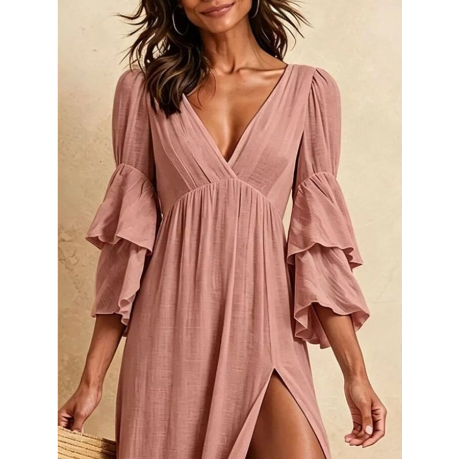 Tiered Ruffle Sleeves High Slit V-Neck Maxi Dress Apparel and Accessories