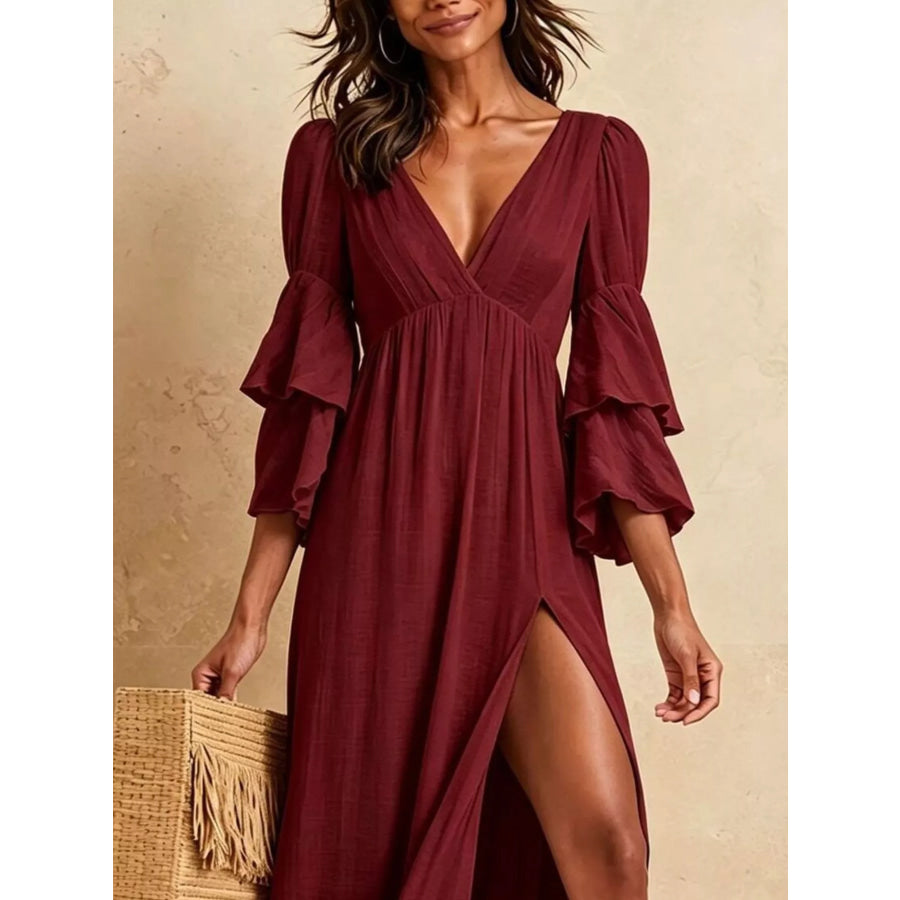 Tiered Ruffle Sleeves High Slit V-Neck Maxi Dress Apparel and Accessories