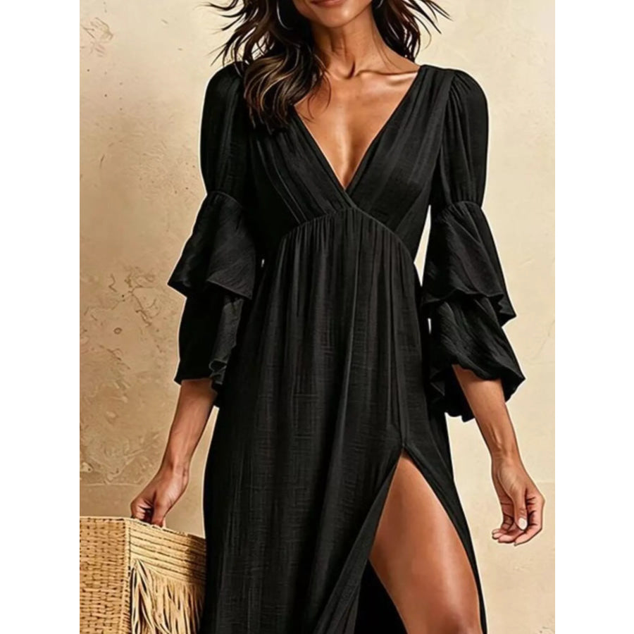 Tiered Ruffle Sleeves High Slit V-Neck Maxi Dress Apparel and Accessories