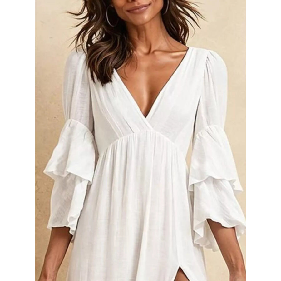 Tiered Ruffle Sleeves High Slit V-Neck Maxi Dress White / XS Apparel and Accessories