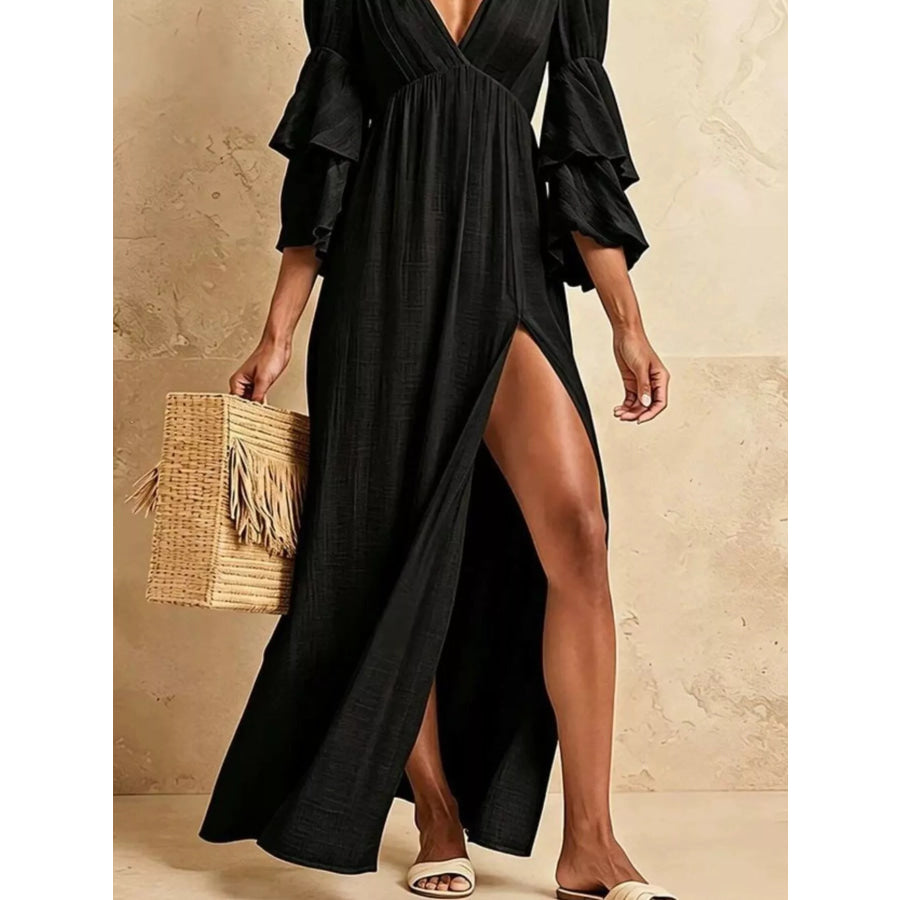 Tiered Ruffle Sleeves High Slit V-Neck Maxi Dress Black / XS Apparel and Accessories