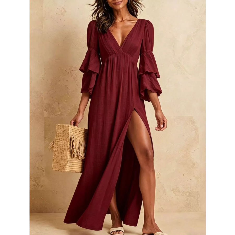 Tiered Ruffle Sleeves High Slit V-Neck Maxi Dress Burgundy / XS Apparel and Accessories