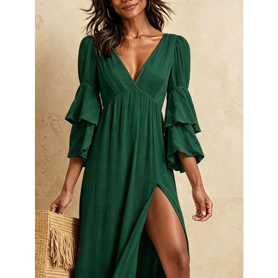 Tiered Ruffle Sleeves High Slit V-Neck Maxi Dress Dark Green / XS Apparel and Accessories