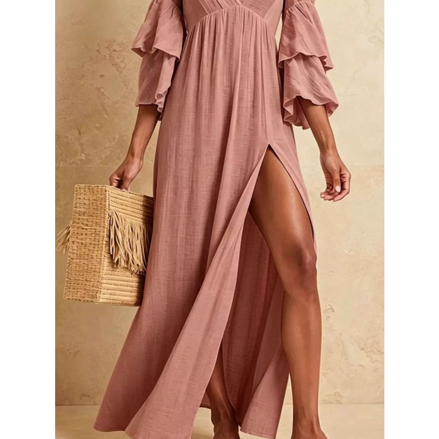 Tiered Ruffle Sleeves High Slit V-Neck Maxi Dress Dusty Pink / XS Apparel and Accessories