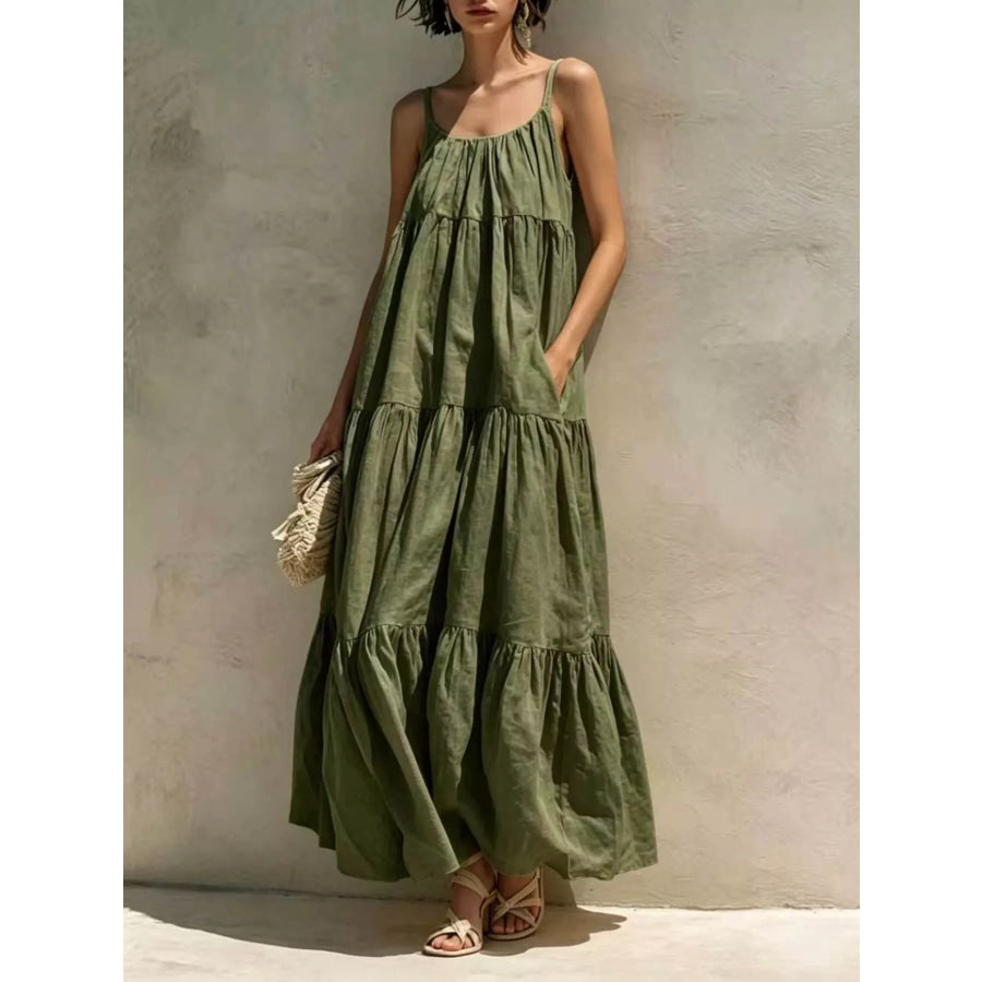 Tiered Scoop Neck Maxi Dress Army Green / S Apparel and Accessories