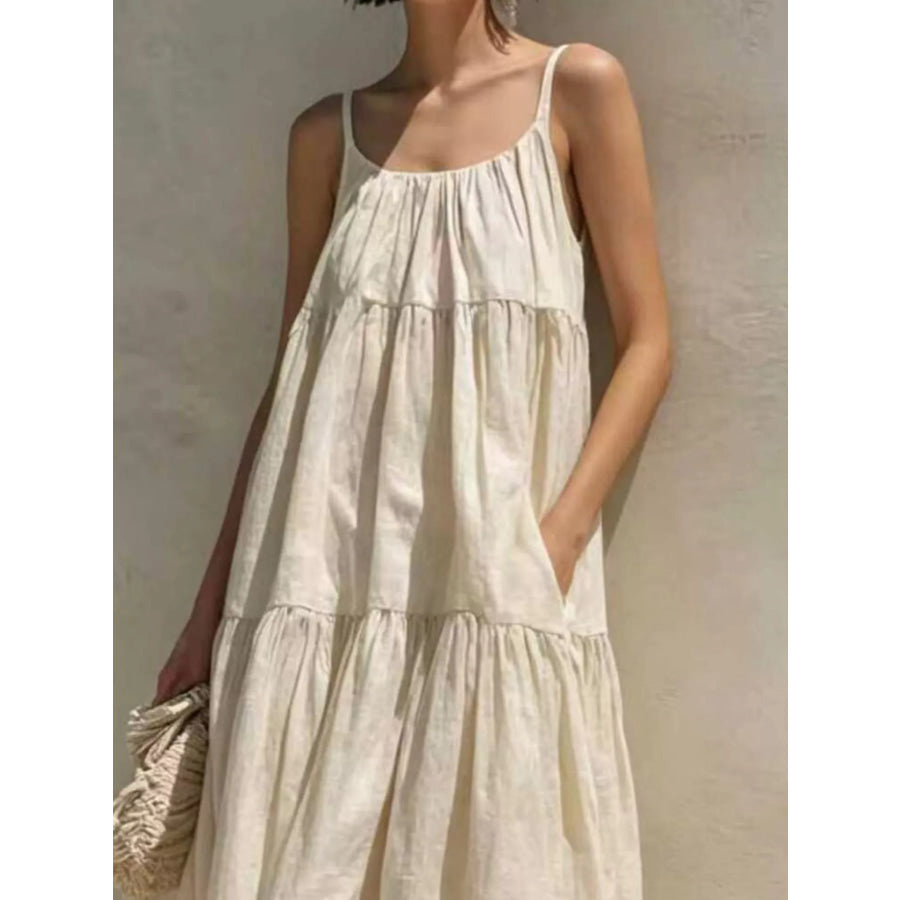 Tiered Scoop Neck Maxi Dress Beige / S Apparel and Accessories