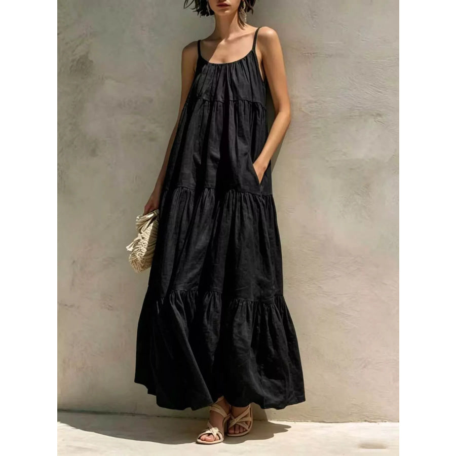 Tiered Scoop Neck Maxi Dress Black / S Apparel and Accessories