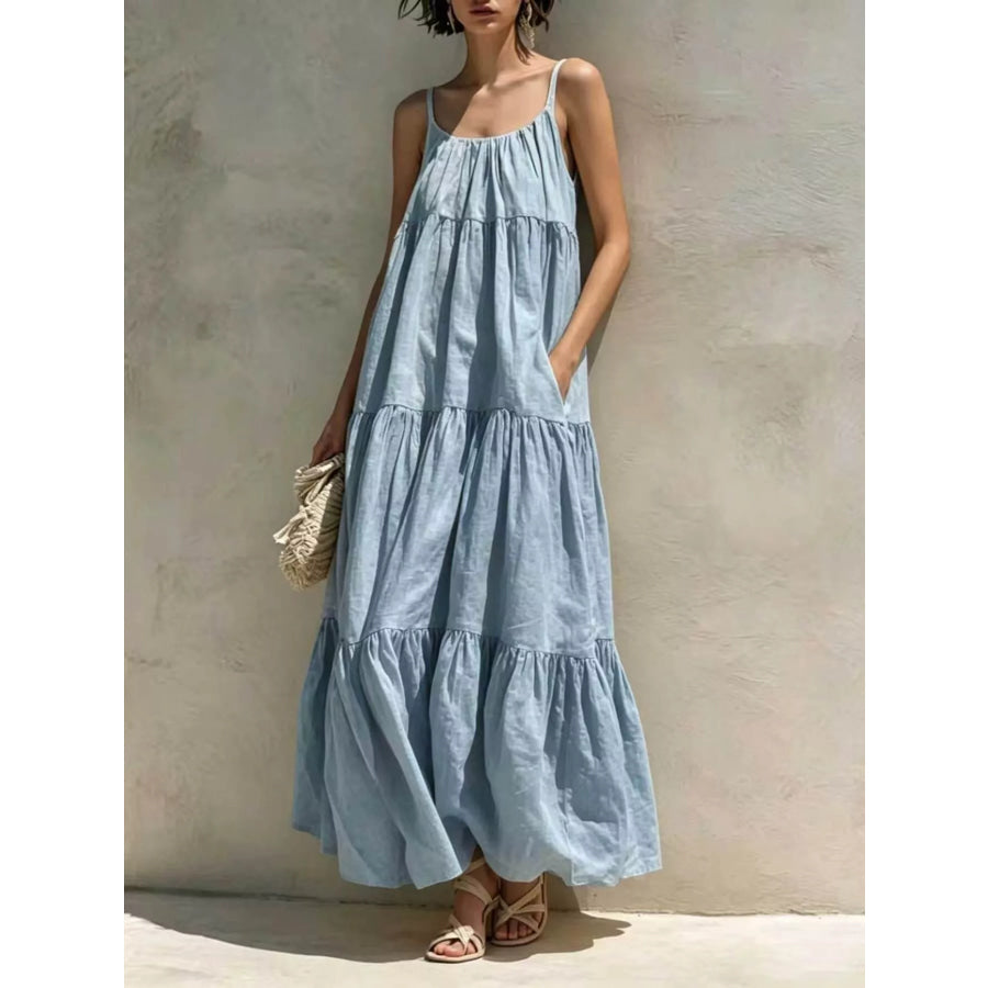 Tiered Scoop Neck Maxi Dress Light Blue / S Apparel and Accessories