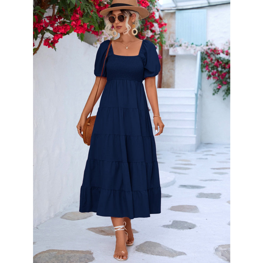 Tiered Smocked Short Sleeve Dress Navy / S Apparel and Accessories