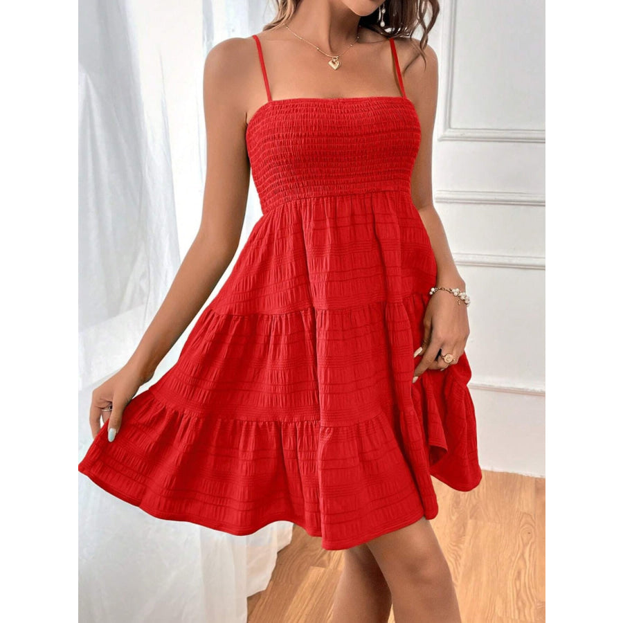 Tiered Smocked Square Neck Cami Dress Deep Red / S Apparel and Accessories