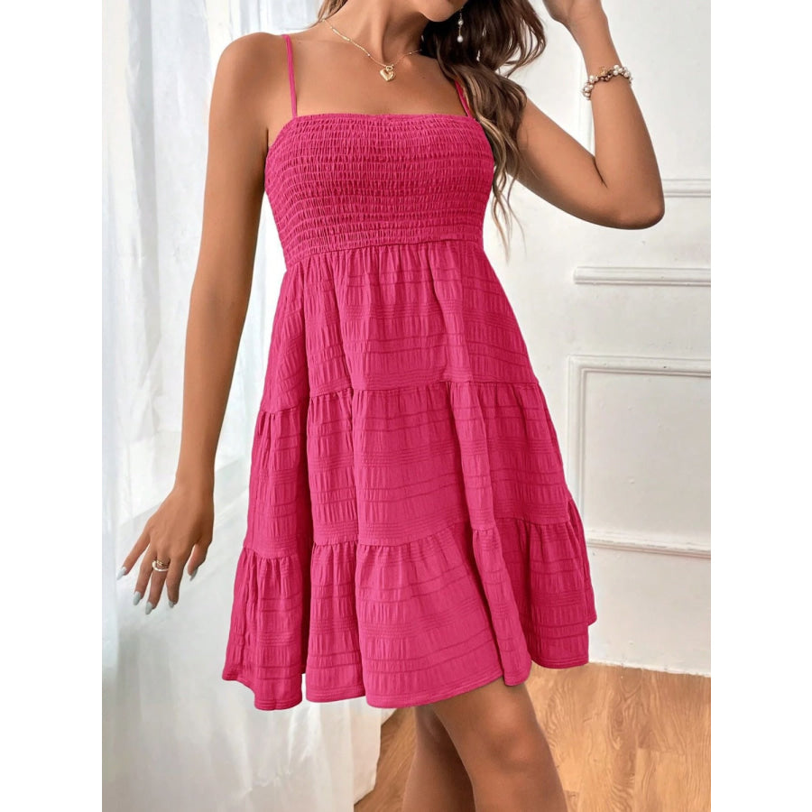 Tiered Smocked Square Neck Cami Dress Deep Rose / S Apparel and Accessories