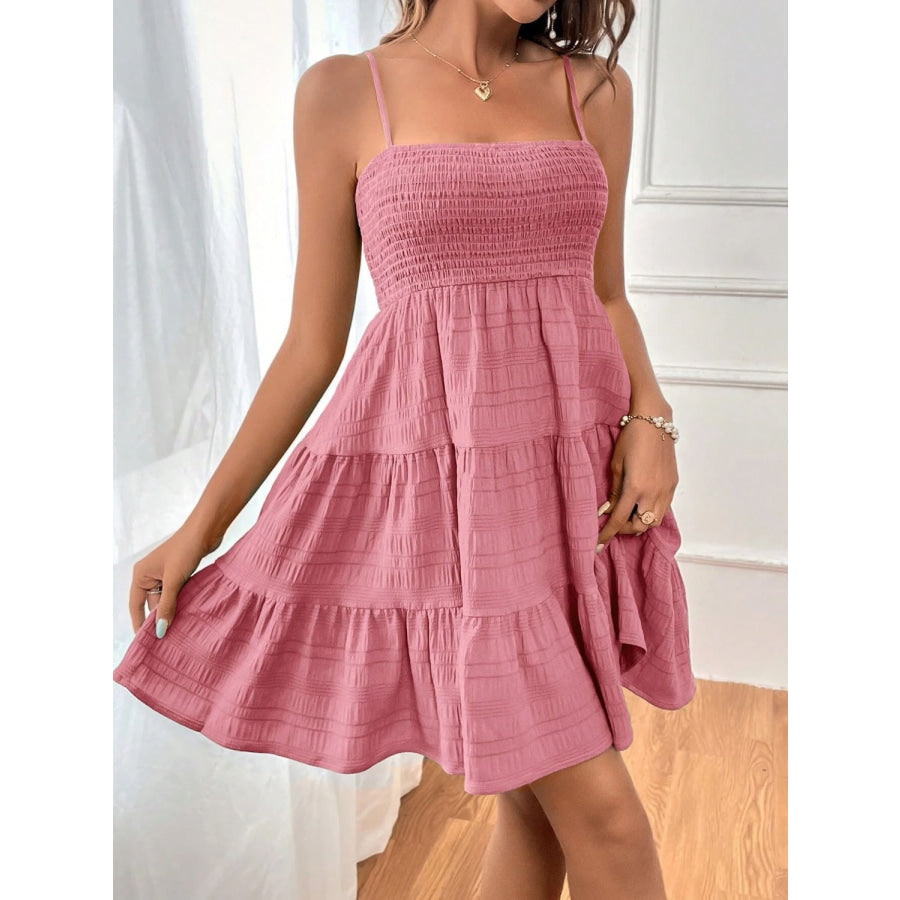 Tiered Smocked Square Neck Cami Dress Dusty Pink / S Apparel and Accessories