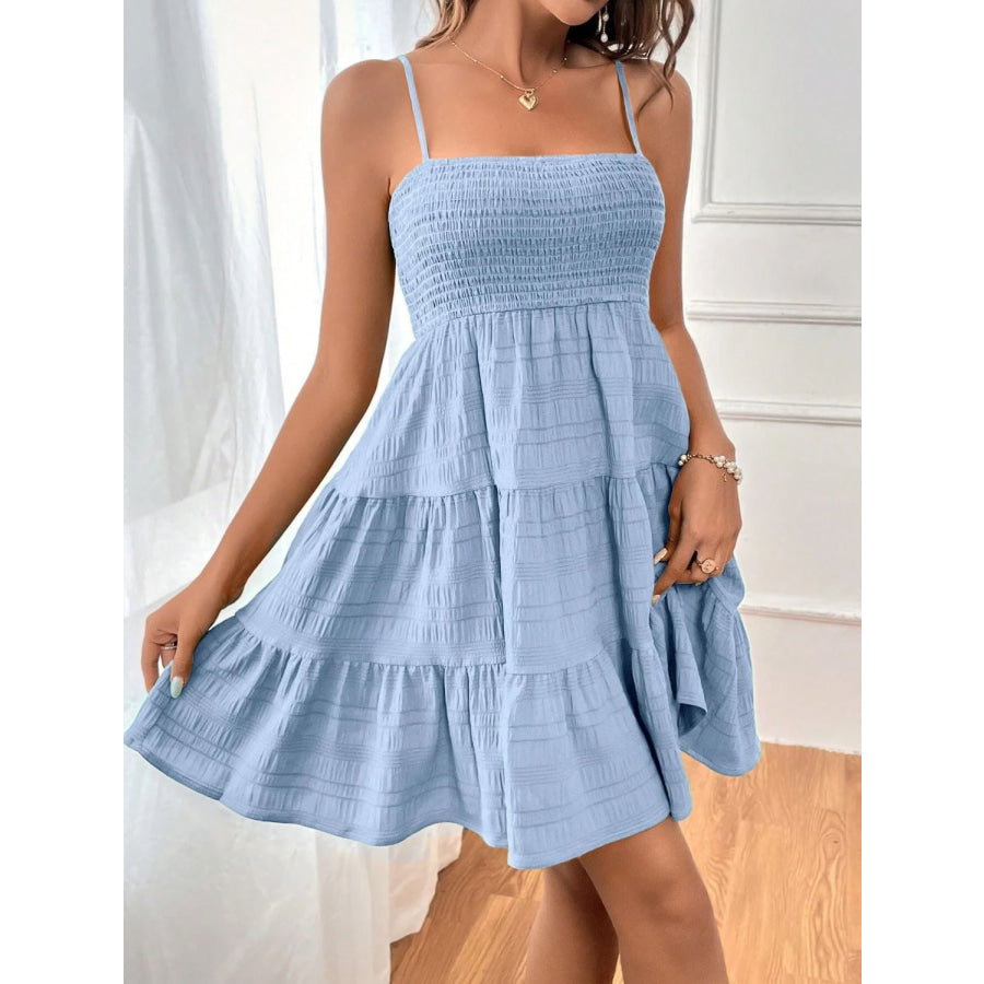 Tiered Smocked Square Neck Cami Dress Light Blue / S Apparel and Accessories