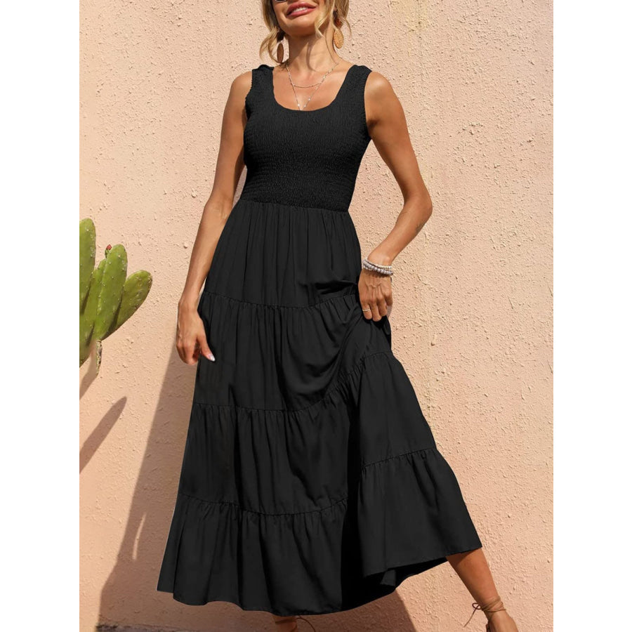 Tiered Smocked Wide Strap Dress Black / S Apparel and Accessories