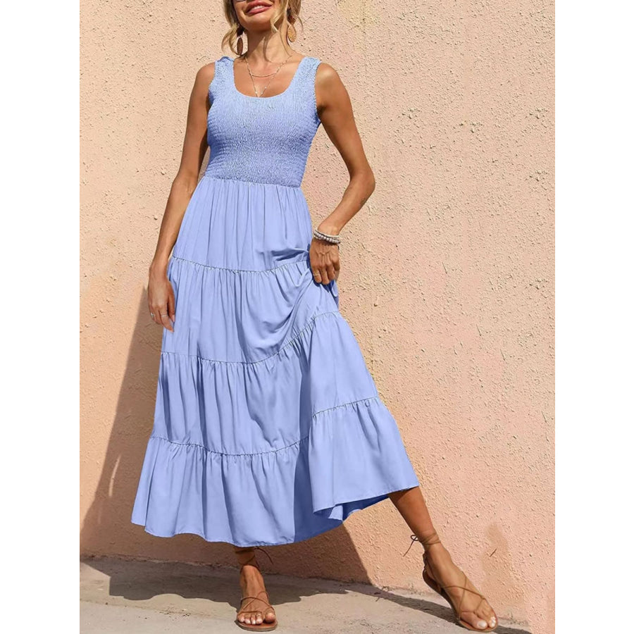 Tiered Smocked Wide Strap Dress Misty Blue / S Apparel and Accessories