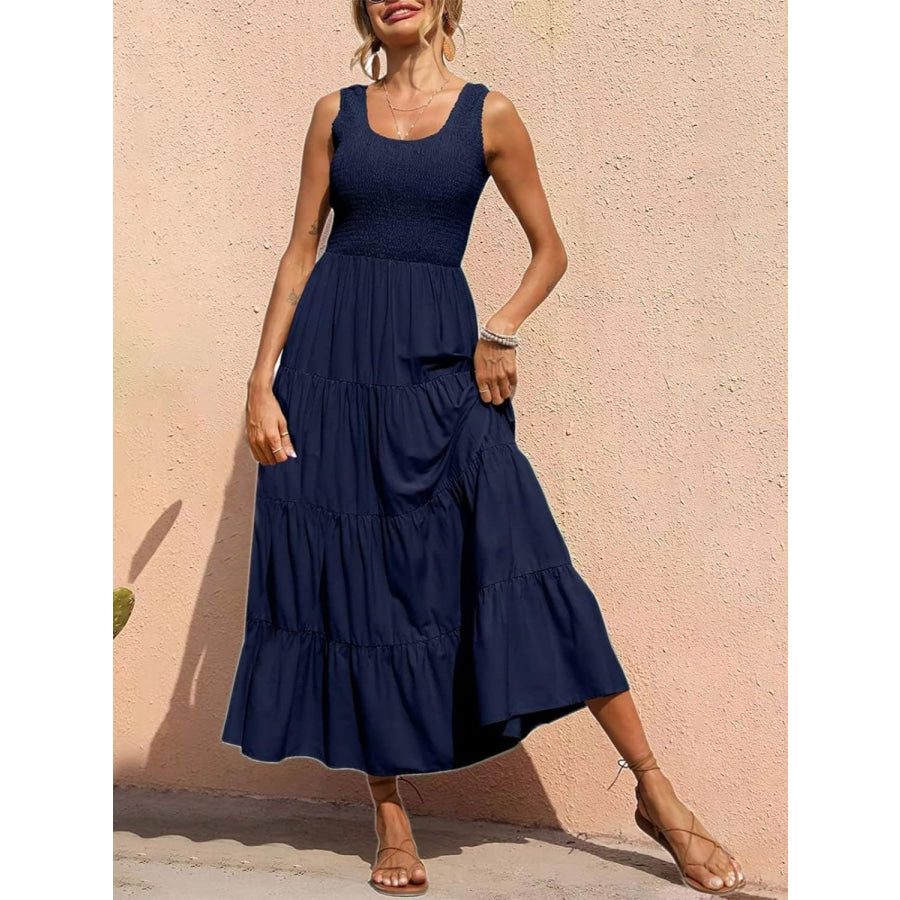 Tiered Smocked Wide Strap Dress Navy / S Apparel and Accessories