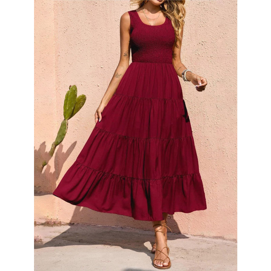 Tiered Smocked Wide Strap Dress Wine / S Apparel and Accessories